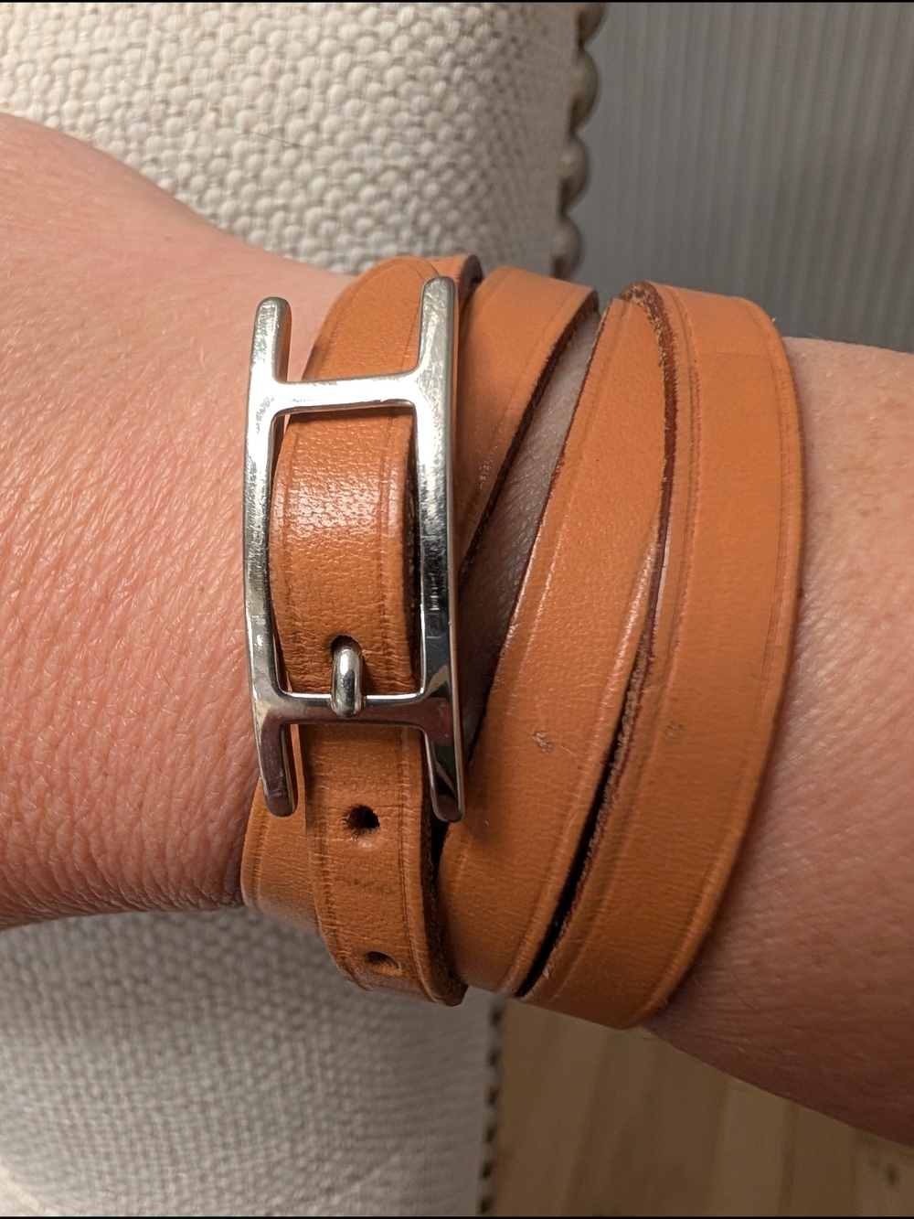 Hermes Hapi Quad Tour Leather Wrap Bracelet In Tan - Picture 4 of 12